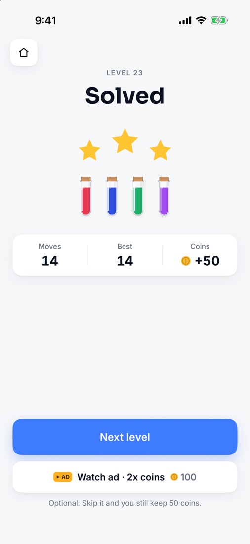 Level 23 solved: three stars, 14 moves, plus 50 coins