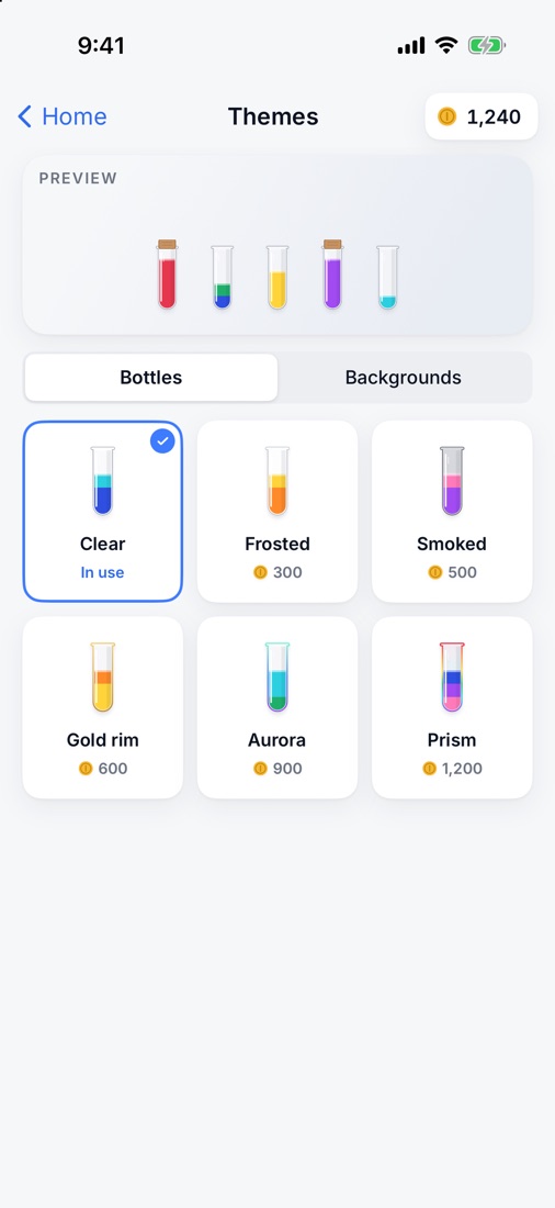 The Themes screen: Clear, Frosted, Smoked, Gold rim, Aurora and Prism bottles