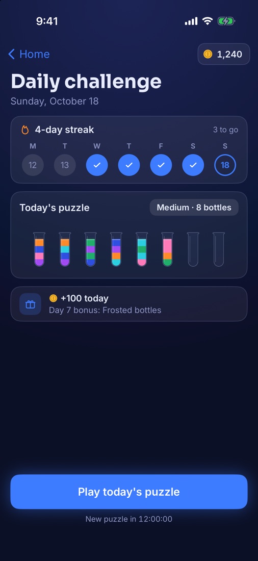 The Daily challenge screen in the dark Night Glow look: a 4-day streak and today's puzzle